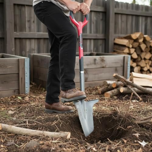 Root Slayer Garden Shovel Large Red Serrated Blade Heavy-Duty Soil Digging Tool