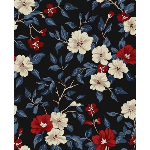 Dark Vintage Floral Wallpaper, Chinoiserie Small Flower Removable Wallpaper for Bedroom Cubicle Cabinet Bookcase, Vinyl Gothic Witchy Contact Paper Wall Decor 17.5" x 118" Navy White Red