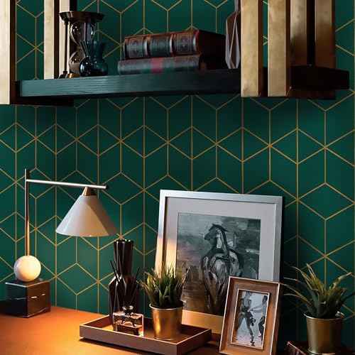Safiyya Contact Paper Gold and Dark Green Wallpaper Peel and Stick Geometric Textured Wallpaper Self Adhesive Removable Wall Paper for Walls Vinyl Roll 78.7"x17.3"