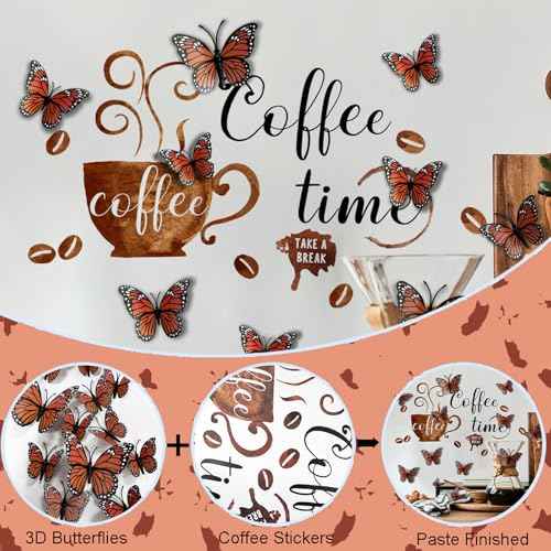 3D Butterfly Coffee Bar Wall Stickers Decor Dining Room Decor Wall Decals Peel and Stick Removable DIY Coffee Station Wall Art Decorations for Kitchen Bedroom Living Room Office
