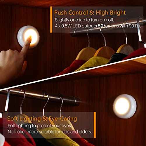 STAR-SPANGLED Push Tap Light, 2.8¡± Mini Night Touch LED Puck Lamp, Portable Under Cabinet Lighting AAA Battery Operated Powered, DIY Stick On Lights for Closet, Counter, Kitchen, Warm White, 5 Pack