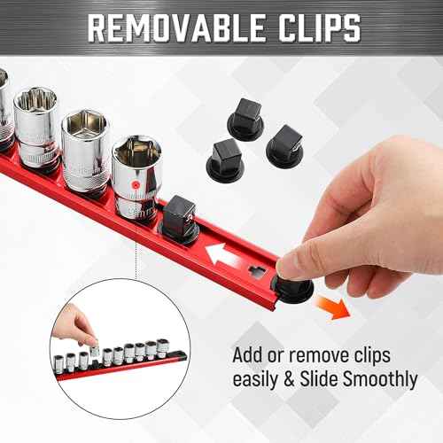 ALOANES 3/8-Inch Drive Magnetic Socket Organizer, Heavy Duty Aluminum Socket Rail Organizer, 360¡Æ Swivel Clips Socket Holder Kit for Tool Box, 3/8-Inch Socket Holder x 14 Clips (Red)