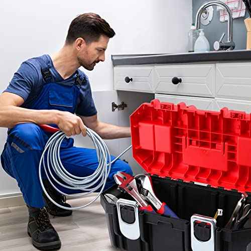 WORKPRO Tool Box Portable 16" with Removable Tray Heavy Duty Toolbox with 2 Metal Latches, Rated up to 33 Lbs, PP Plastic Small Tool Boxes with Lock Secured, Small Parts Organizer in Lid, black & red