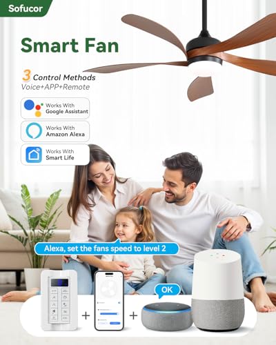 Sofucor 52 Inch Black & Brown Smart Ceiling Fan with Light, Alexa & Google Compatible