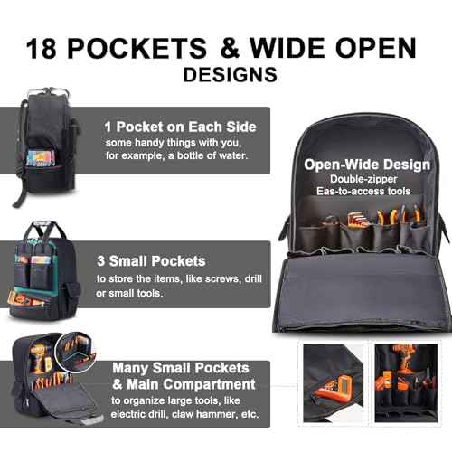 Tool Backpack for Men 18 Inch Heavy Duty Waterproof Multiple Pockets Tool Bag Organizer with Shoulder for Electrician Mechanics HVAC Engineer