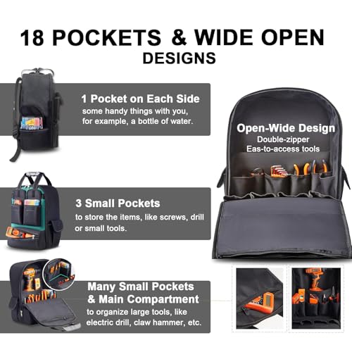 Tool Backpack for Men 18 Inch Heavy Duty Waterproof Multiple Pockets Tool Bag Organizer with Shoulder for Electrician Mechanics HVAC Engineer