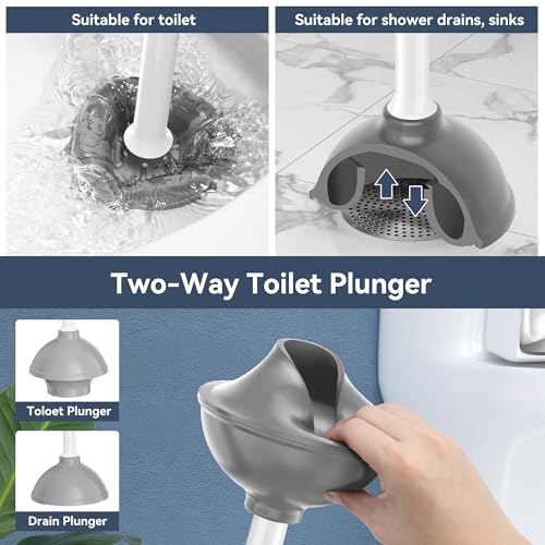 TRENTI White Toilet Plunger with Holder - Heavy Duty 5.3-Inch Drain Cleaner, Foldable Rubber Design, 19.5-Inch Ergonomic Handle, Drip-Free Bathroom Tool - Variation 1