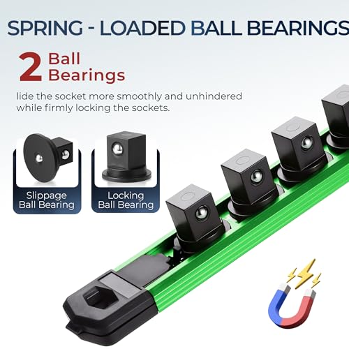 Reniteco Magnetic Socket Organizer 3/8” Aluminum Rail with 14 Clips, Green (Variation)