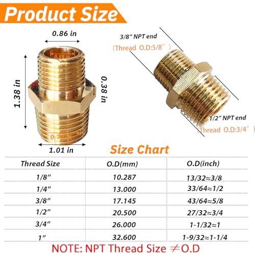 2pcs Brass NPT Reducing Pipe Fittings 1/2" to 3/8" NPT Adapters, Solid Hex Nipples