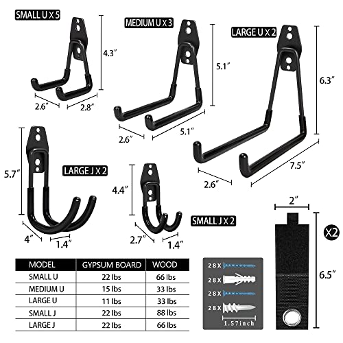 Steel Garage Storage Hooks - 16 Pack Anti-Slip Coating, Heavy Duty Wall Mount Hooks for Hanging Bike, Ladder, Garden Tools