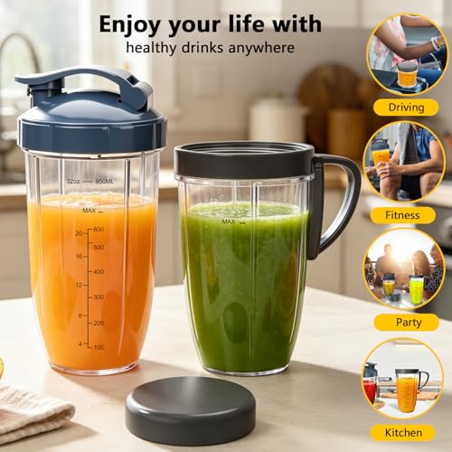 Nutribullet Replacement Cups & Lids - 32oz & 24oz with To-Go Lid & Lip Ring (6 pcs) for 600W & Pro 900W