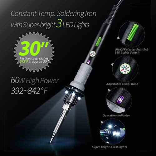 YIHUA 947-V Soldering Iron Kit with 3 LED Lights, Temperature Control, 5 Premium Solder Tips, Desoldering Pump, Indicator & ON/OFF Switch-60 Watts Soldering Iron, Solder Wire, Tip Cleaner, and more.
