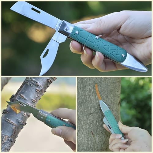 Grafting Knife, COMKIT Professional Foldable Double Blades Graft Knife, Fruit Trees Gardening Grafting Cutting Seedling Budding Tool with Bark Lifter