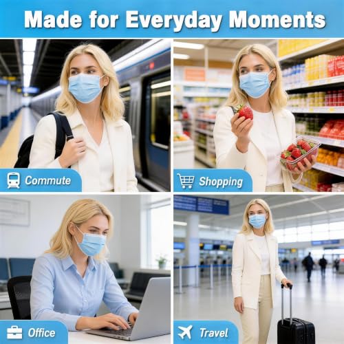Blue Disposable Face Masks 100 Pack - 3 Ply Breathable Filter with Adjustable Nose Clip & Soft Elastic Loops