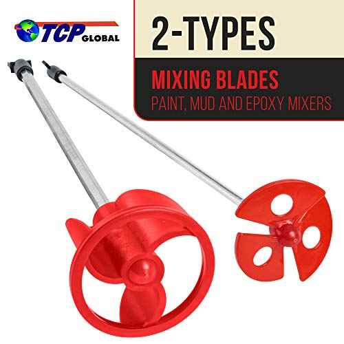 TCP Global Paint Mixer Attachment (Set of 2) - 14" Drill Paddle Mixer with 1/4" Round & 5/16" Hex Shafts, 3" Paddles - Mix 1 Quart to 2.5 Gallons of Paint, Epoxy Resin, Concrete, Drywall Mud, Mortar