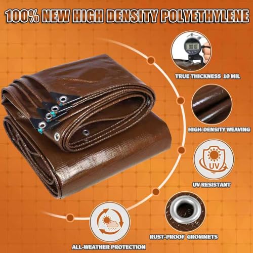 Brown Tarp 20x30 Feet, 10 Mil Waterproof Poly Tarp, Medium Duty, Reinforced Corners