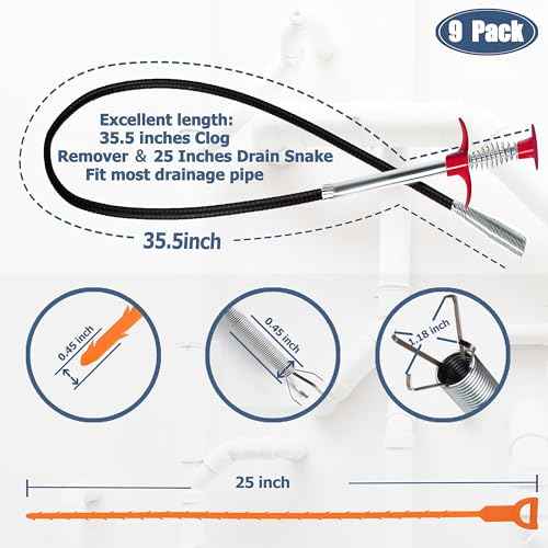 35.5inch Drain Clog Remover(1pcs), 25inch Drain Snake Hair Remover(6pcs) £¦ Cleaning Brush(2pcs), Hair Catcher Drain Auger Cleaner Tool Set For Toilet, Kitchen Sink, Bathroom Tub, Sewer, 9 Pack