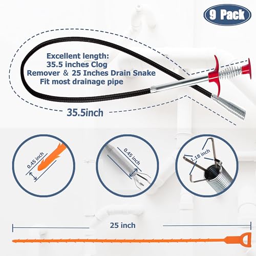 KeyFar JCX-XSDQL15SET Drain Snake Hair Clog Remover Tool Set - 9 Pack