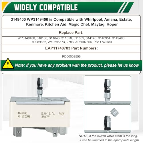 XNGQUEY WP3149400 8-Inch Surface Burner Infinite Switch — Replacement for Whirlpool/Amana/Maytag
