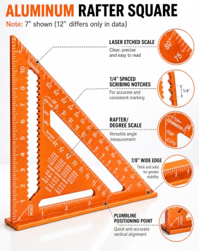 Matework 7in + 12in Combination Square Set – CNC Aluminum Carpentry Square, 12in Adjustable Square