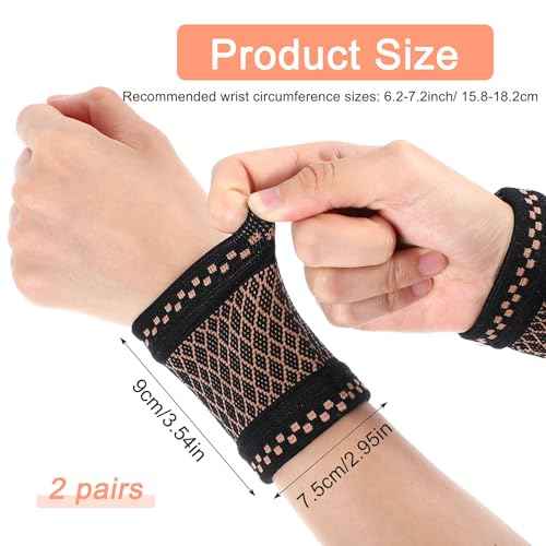 TIESOME 2 Pairs Copper Wrist Compression Brace, Wrist Brace Elastic Wrist Support Compression Sleeve for Weightlifting Fitness Yoga Workout Arthritis Sprains Tendonitis Carpal Tunnel Pain Relief (M)