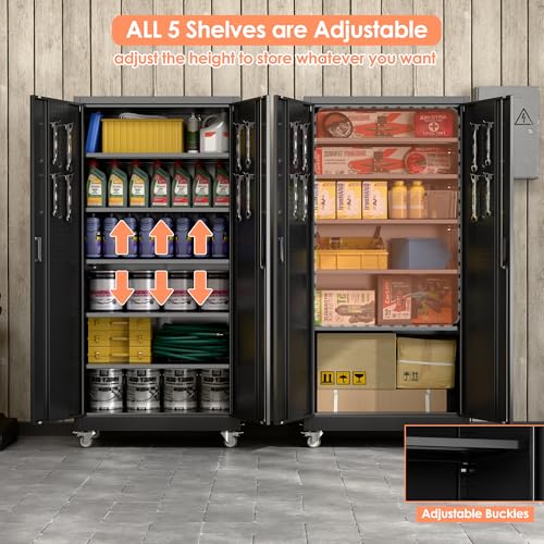 Metal Garage Storage Cabinet with Wheels & Pegboard Doors – 71in H x 34in W x 18in D, Black