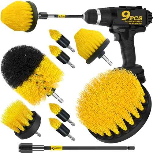 Holikme 9Pack Drill Brush £¬All Purpose Drill Brush with Extend Attachment for Bathroom Surfaces, Grout, Floor, Tub, Shower, Tile, Kitchen and Car£¬Corner,Masonry Brushes£¬Yellow