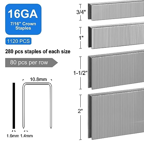 16 Gauge Crown Staples 7/16 Inch Wide, 1120-Pack for Staplers