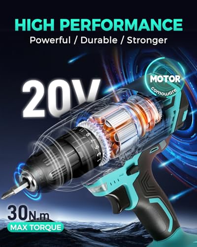 COMOWARE 20V Cordless Drill Set with Bits, Charger, Battery & Green Storage Case