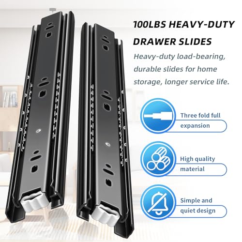 VAGUDE Black 12-Inch Full Extension Drawer Slides Pair | Side Mount Ball Bearing Kitchen Cabinet Rails