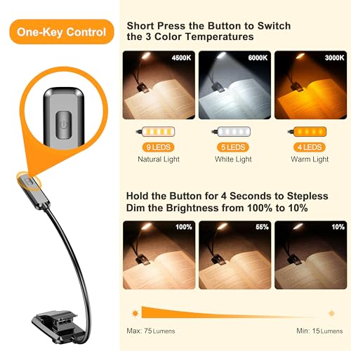 Gritin Rechargeable Book Light with 9 LED, Black, Reading Lamp, Dimmable & Portable