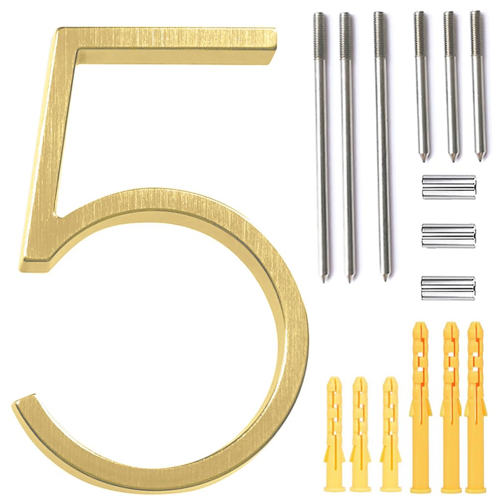 5’’ Floating House Number Modern House Numbers- zinc alloy Home Address Number with Exquisite Drawing Process-gold-Number 5