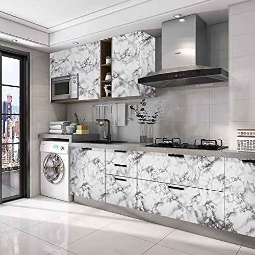 Caltero Marble Contact Paper 15.7" x 118" Black White Grey Wallpaper Peel and Stick Glossy Marble Self Adhesive Contact Paper for Countertop Kitchen Cabinets Bathroom