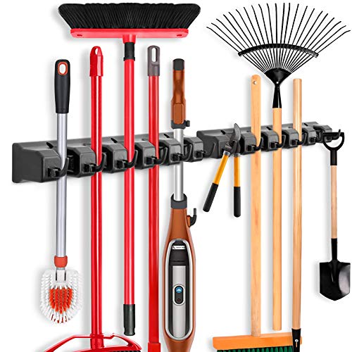 IMILLET 2 Pack Wall Mount Mop and Broom Organizer with Hooks – Heavy Duty Tool Rack Storage