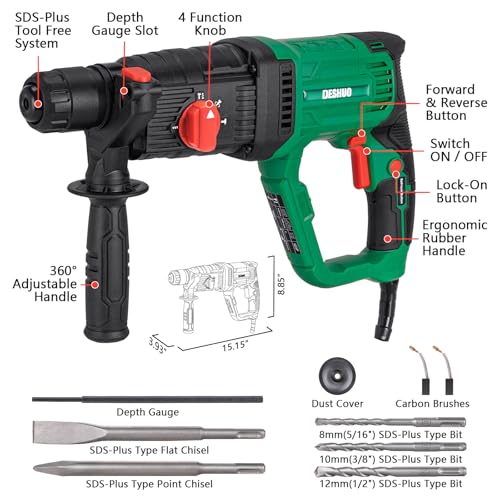 DESHUO 1" SDS-Plus Lightweight Rotary Hammer Drill with No Adapter - 9Amp, 4 Modes