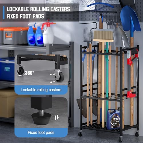 Garden Organizer With Wheels, Yard Tower Rack for Garage Storage, Up to 35 Long-Handled Tools, Sturdy Metal Steel Holder With 3 Hooks, Outdoor, Black
