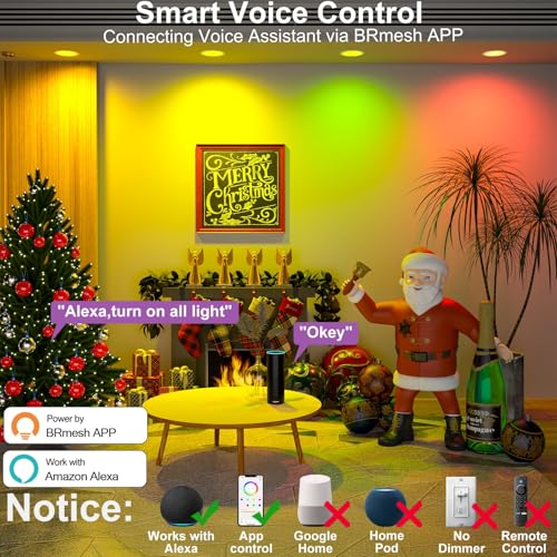 SikSog 4 Inch RGB+CCT Smart Recessed LED Downlights 12 Pack - Bluetooth & Alexa Compatible, Dimmable, 1080 Lumens, White Shell