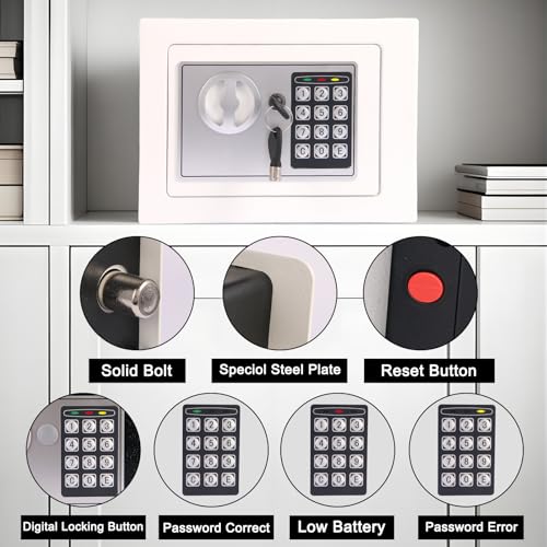 Mini Electronic Safe Box with Digital Keypad & Keys, Small Safe Deposit Boxes with Coin Slot, Safety Boxes for Home Office Dorm, Drop-resistant & Durable, For Cash, Jewelry (White)