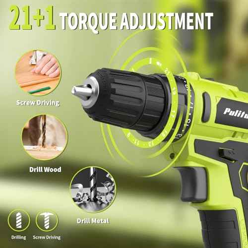 PULITUO'S 20V Cordless Drill/Driver, Electric Screwdriver - 2 Batteries, 30Nm, 21+1 Torque, 2 Speed, Keyless 3/8" Chase Drill with LED Light, Kit for Home (Green)