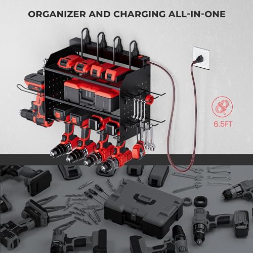 TRZZ Power Tool Organizer Wall Mount, 3-Layer Charging Station with 8 Outlets, 6 Drill Holders and Drill Bit Rack, Efficient and Organized Storage for Garage, Workbench, and Workshop (Black)