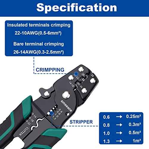 Tnisesm Wire Crimping Tool, Multifunctional stripping crimping pliers Wire stripper and crimping tool for Insulated Bare/Heat Shrink connectors Electrical Connectors(22-10 AWG)