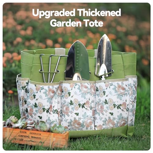 Grenebo Heavy Duty Gardening Tools Set with Green Tote Bag, Includes 8 Hand Tools for Women