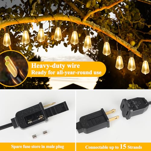 Brightever 100FT Outdoor String Lights with 52 Bulbs, Waterproof Black Wire, Warm White