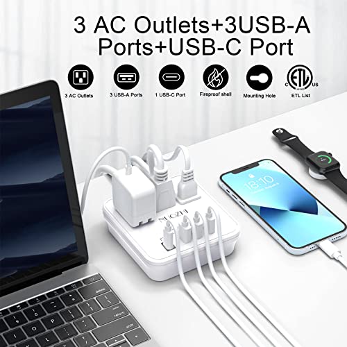 NUOZHI 6 Ft Power Strip with 3 Outlets & 4 USB Ports - White, Travel & Home Use