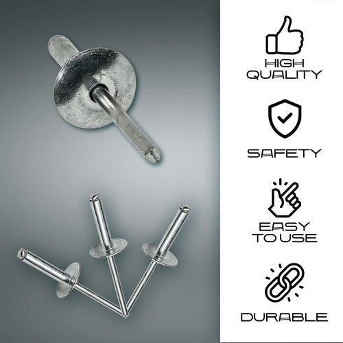 100PCS Large Flange Aluminum Pop Rivets 3/16" X 3/4" Big Head Steel Mandrel Dome Body Blind Clenches Set for Sheet Steel Duct Work Aluminum Boat Clenches Long Pop Rivets