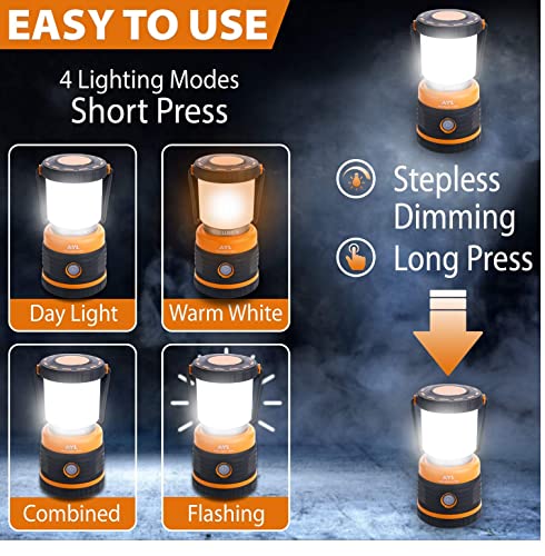 AYL 1800LM Rechargeable LED Camping Lantern 2 Pack Black & Orange, Waterproof Emergency Light with Power Bank