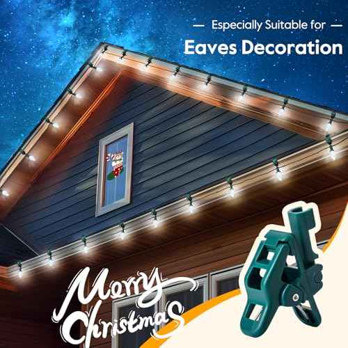 C9 LED Christmas Lights Outdoor with 50 Spring Clips, 50ft 50 LED Waterproof Strawberry String Lights, Commercial Grade Extendable Perfect for Roofline Patio House Xmas Decor, Pure White