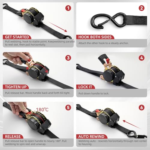 GREATMAG Heavy Duty Black Retractable Ratchet Tie-Down Straps 1800 lbs, 1in x 10ft, Auto Rewind, 2 Pack for Truck, Trailer & Cargo