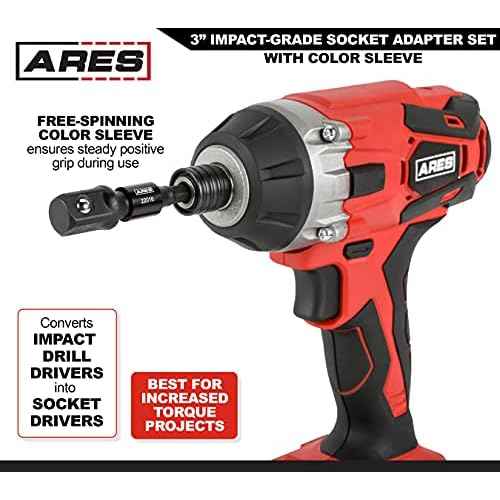 ARES 22011-3-Piece 3-Inch Impact Grade Socket Adapter Set with Color Sleeve - Turns Power Drill into High Speed Nut Driver - 1/4-Inch, 3/8-Inch, and 1/2-Inch Drive