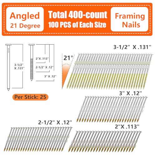 SITLDY 21° Galvanized Framing Nails 4 Sizes, 400 PCS - Heavy Duty Construction Fasteners